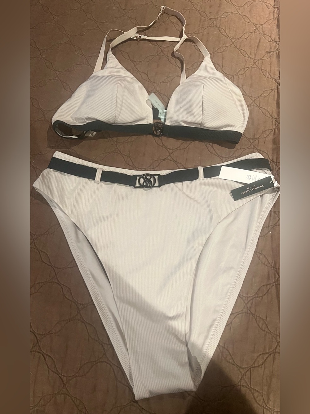 NWT Victoria's Secret Light Pink / Blush Bikini with Black Trim and Logo Belt